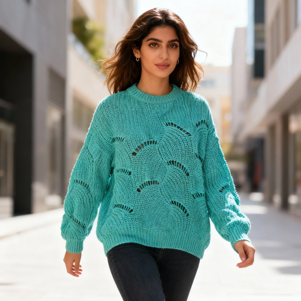 Turquoise Wave-Knit Openwork Sweater – Soft Textured Loose Fit