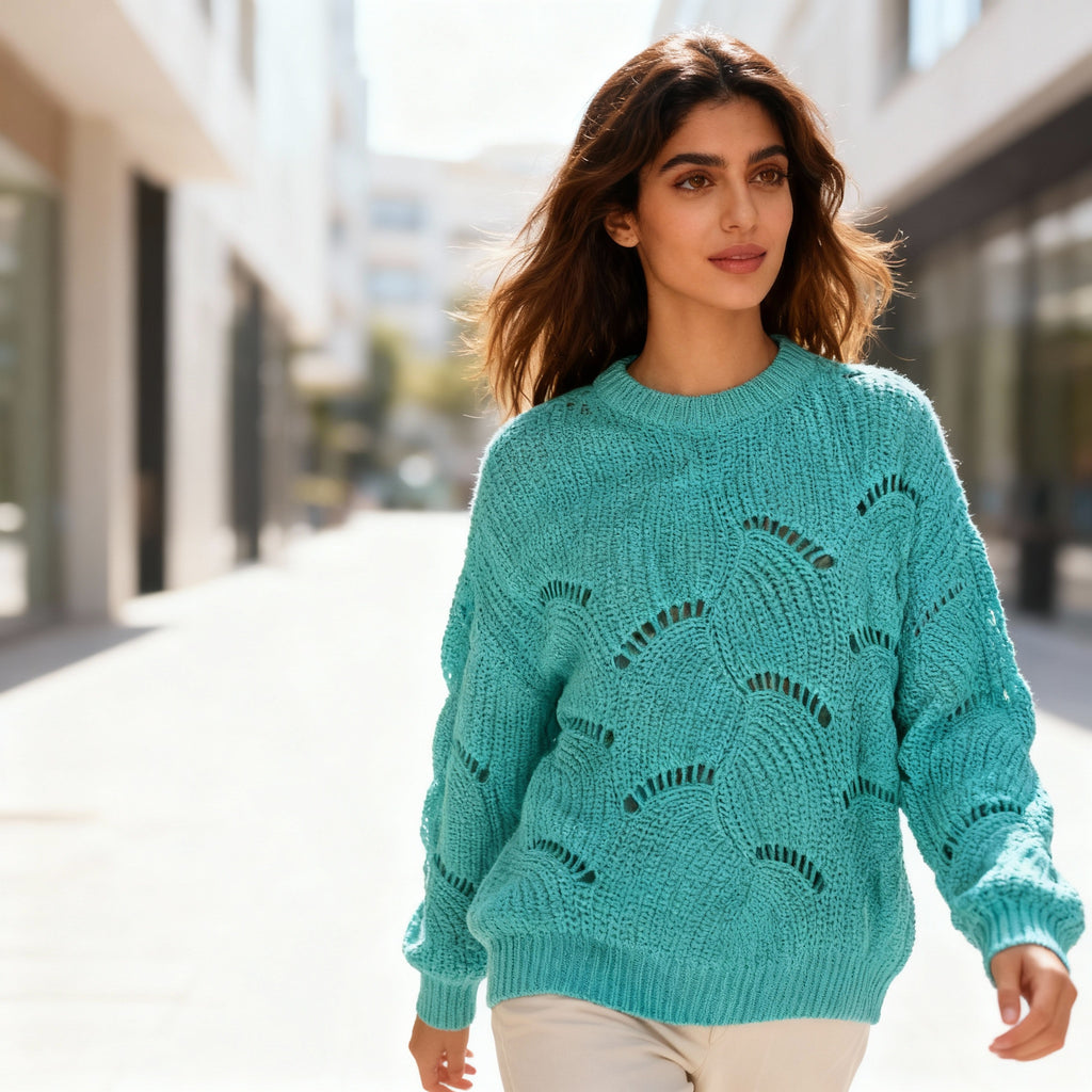 Turquoise Wave-Knit Openwork Sweater – Soft Textured Loose Fit
