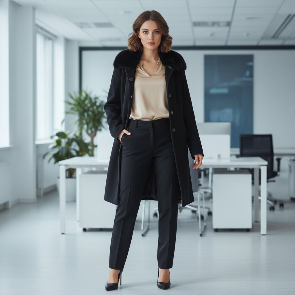 Black Winter Coat with Faux Fur Collar and Gold Button Detailing