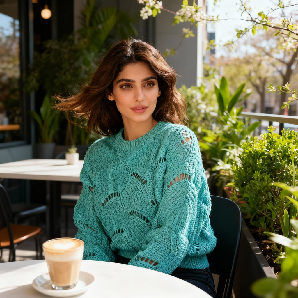 Turquoise Wave-Knit Openwork Sweater – Soft Textured Loose Fit