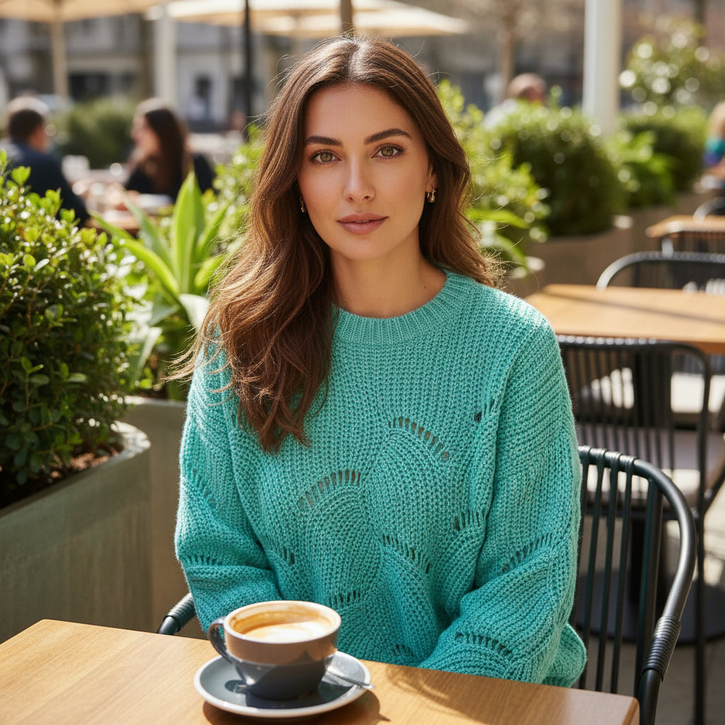 Turquoise Wave-Knit Openwork Sweater – Soft Textured Loose Fit