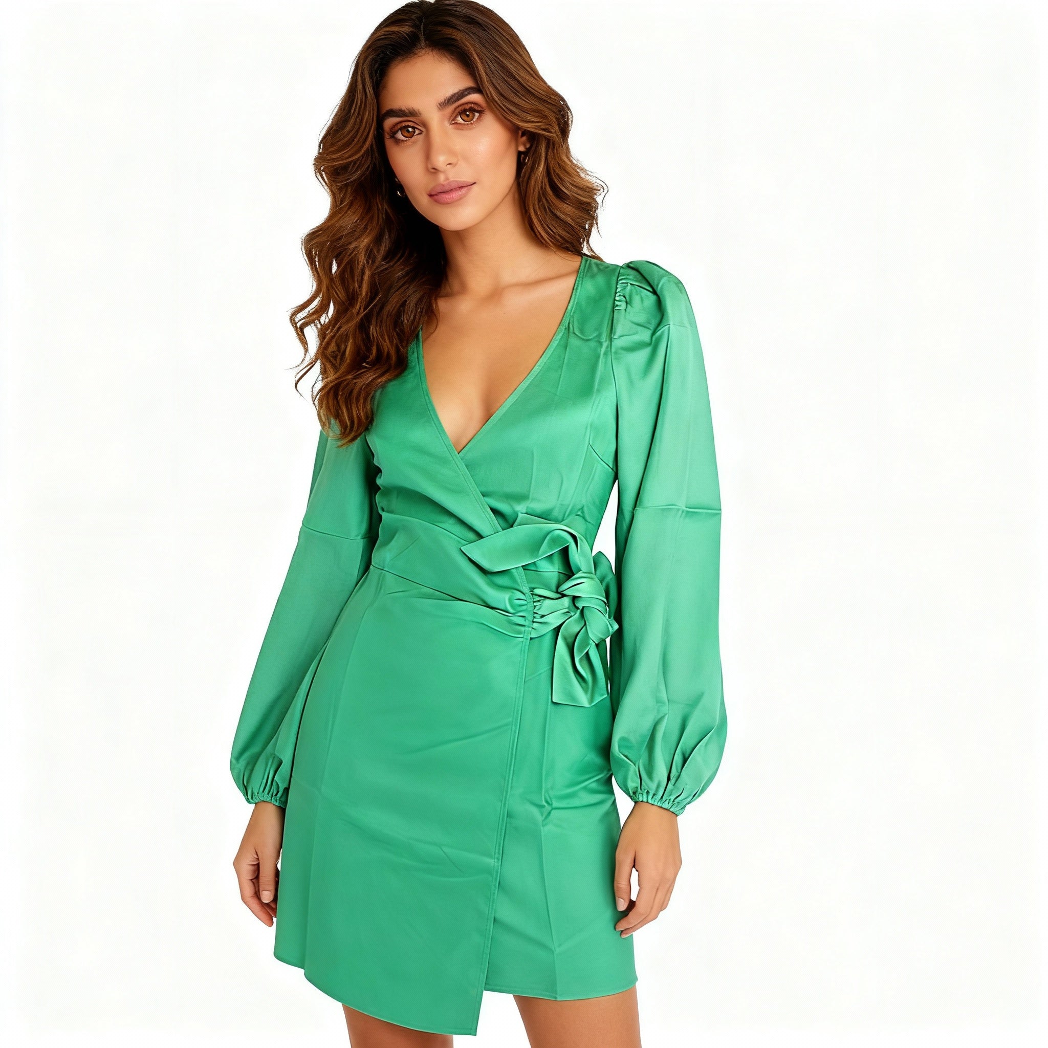 Elegant Emerald Wrap Satin Dress with Long Sleeves