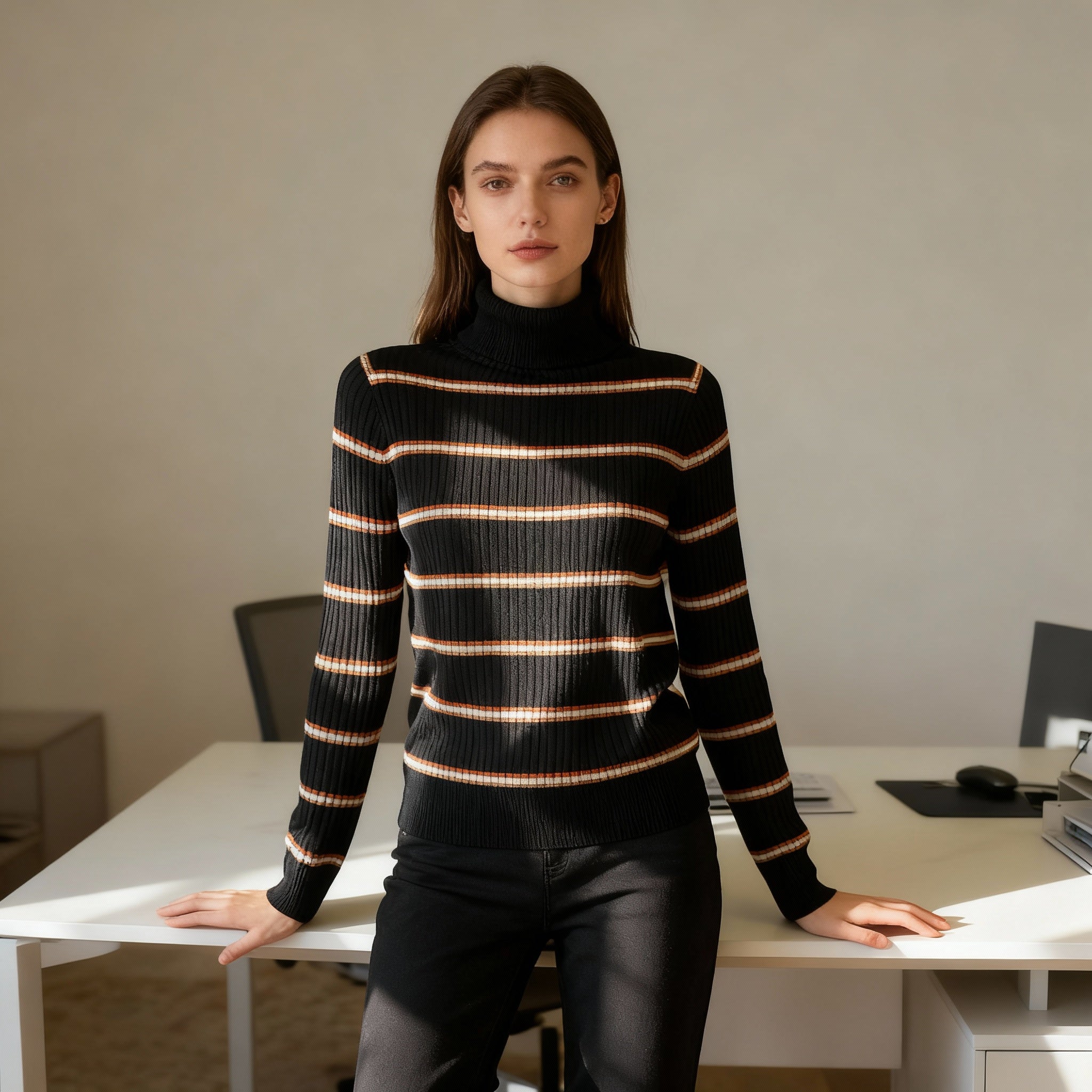 Black Ribbed Striped Turtleneck Sweater