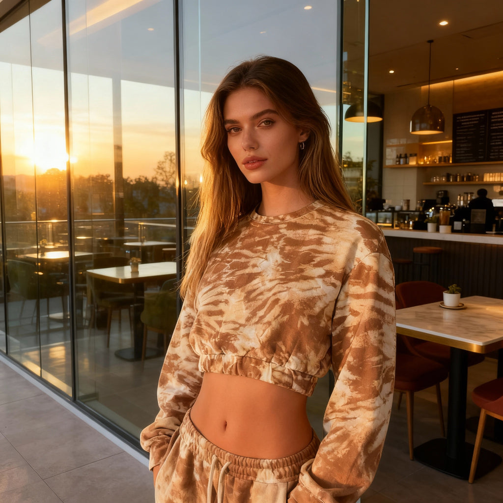 Tie-Dye Cropped Sweatshirt  Beige & Cream Long Sleeve Casual Top