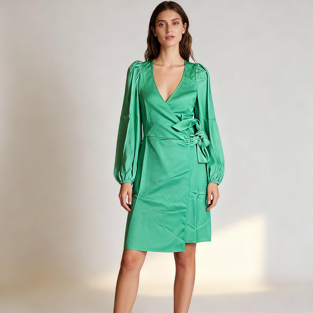 Elegant Emerald Wrap Satin Dress with Long Sleeves