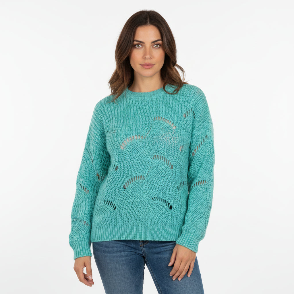 Turquoise Wave-Knit Openwork Sweater – Soft Textured Loose Fit