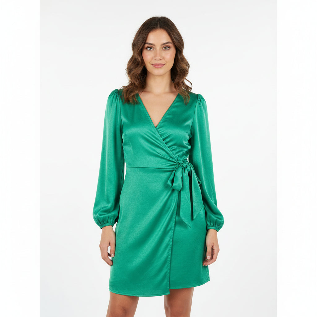 Elegant Emerald Wrap Satin Dress with Long Sleeves