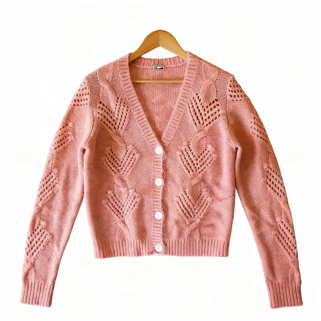 Soft Peach-Rose Knitted Cardigan with Textured Leaf Pattern