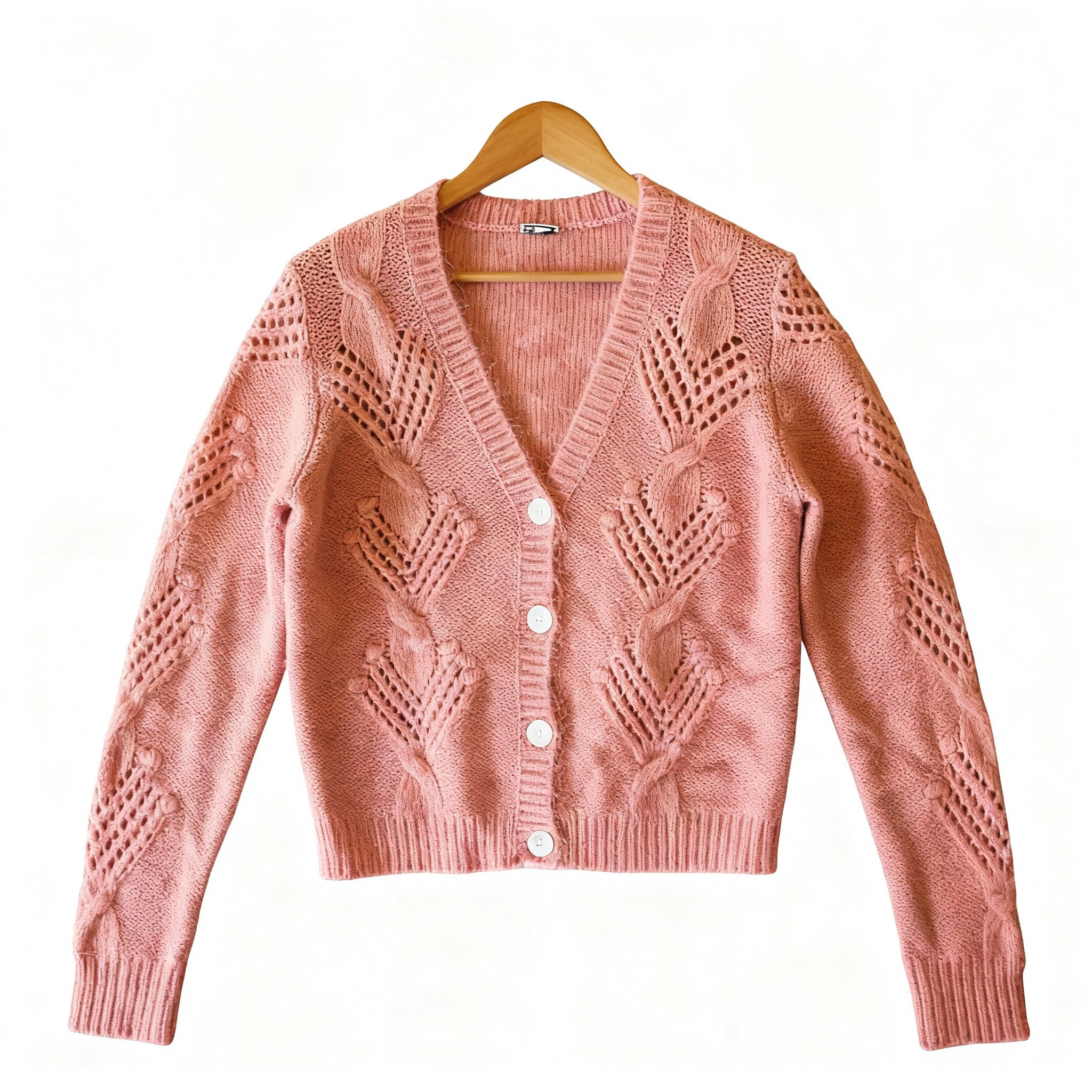 Soft Peach-Rose Knitted Cardigan with Textured Leaf Pattern