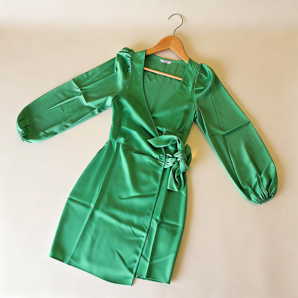 Elegant Emerald Wrap Satin Dress with Long Sleeves