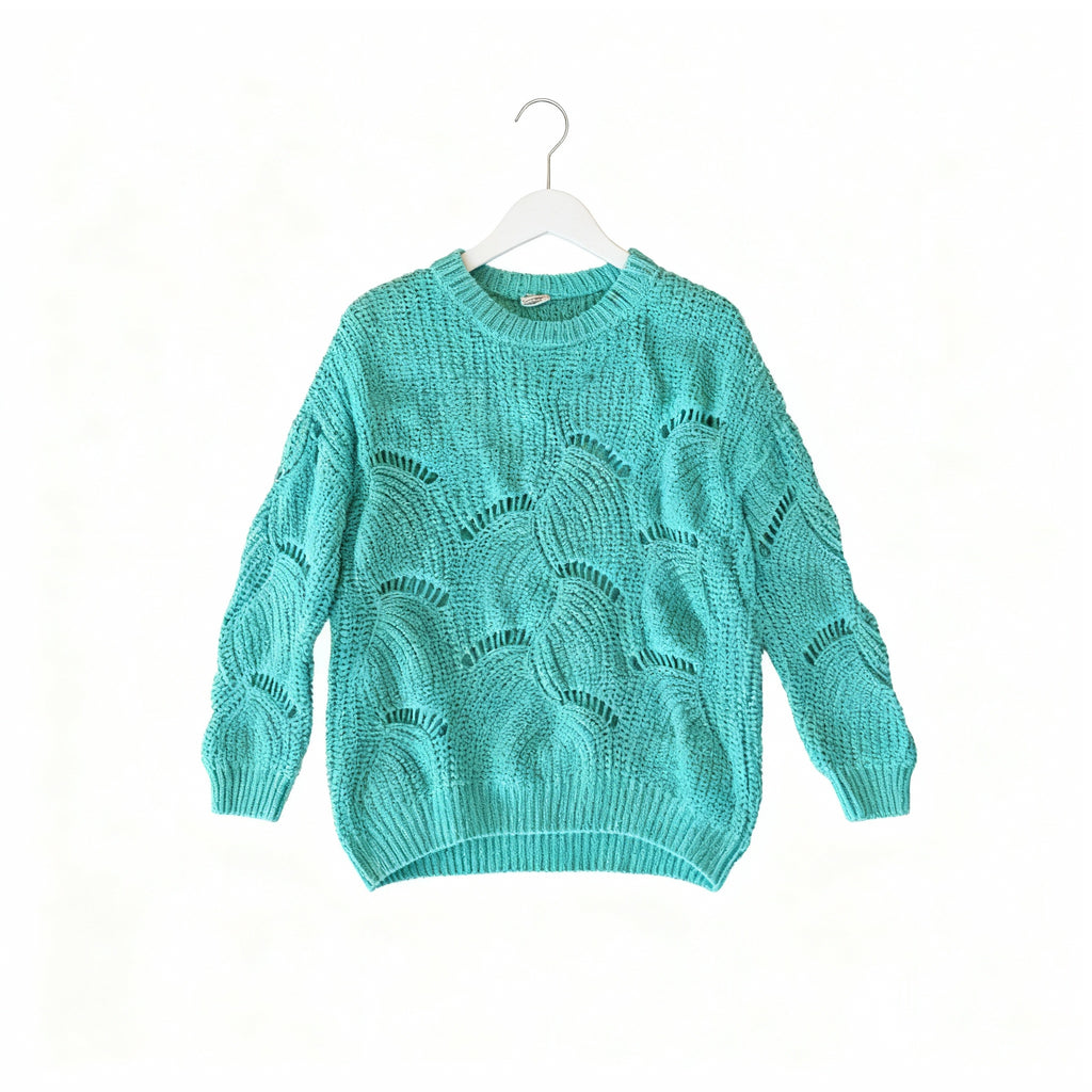 Turquoise Wave-Knit Openwork Sweater – Soft Textured Loose Fit