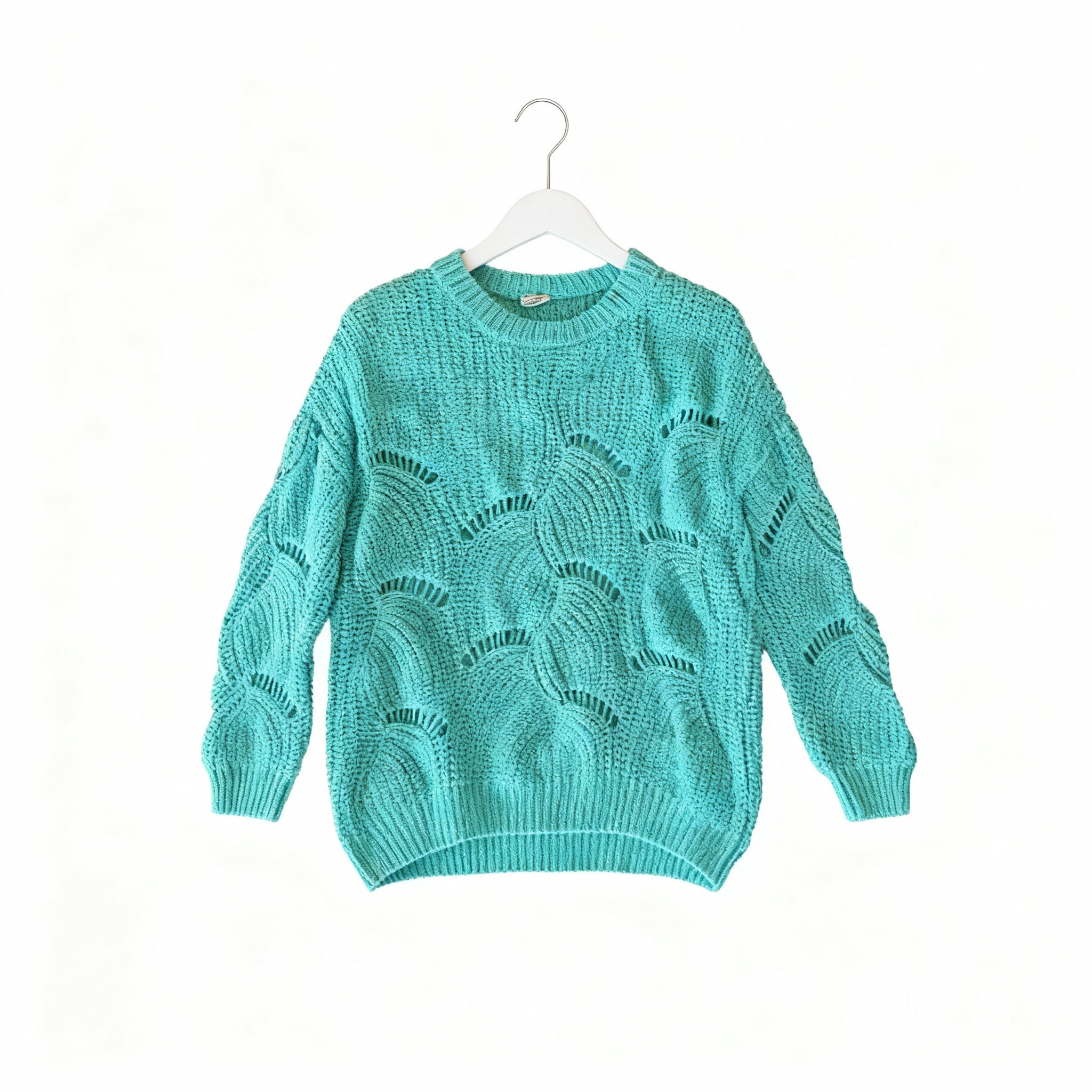 Turquoise Wave-Knit Openwork Sweater – Soft Textured Loose Fit