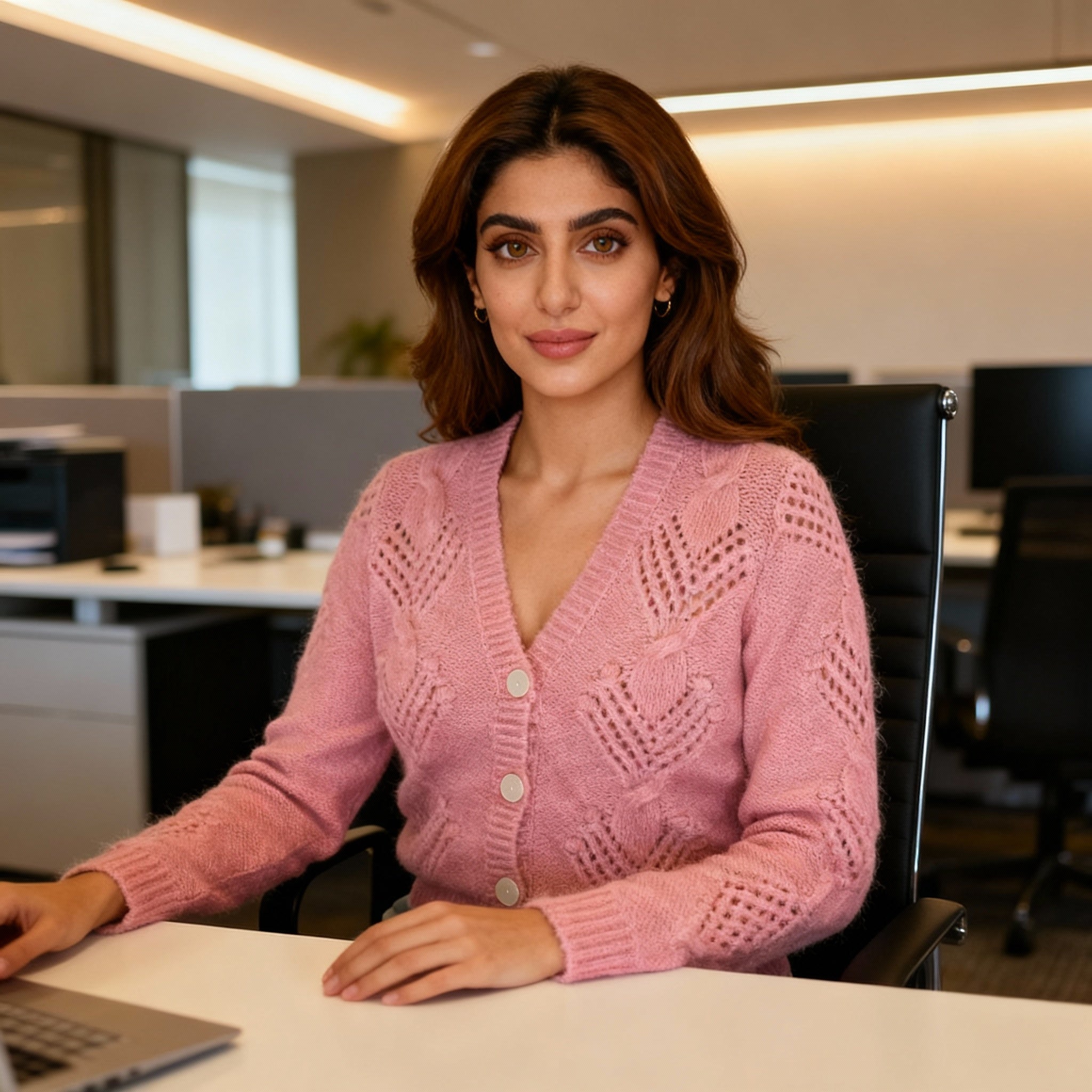 Soft Peach-Rose Knitted Cardigan with Textured Leaf Pattern