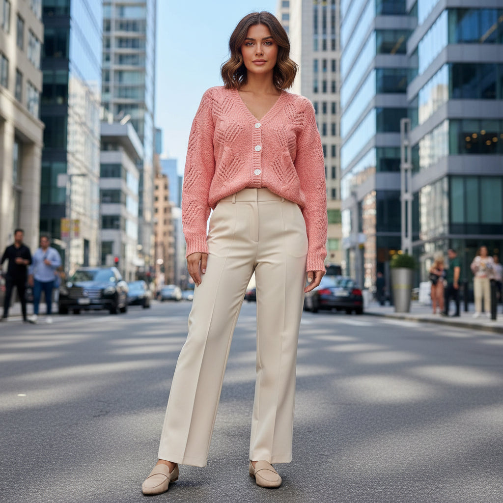 Soft Peach-Rose Knitted Cardigan with Textured Leaf Pattern