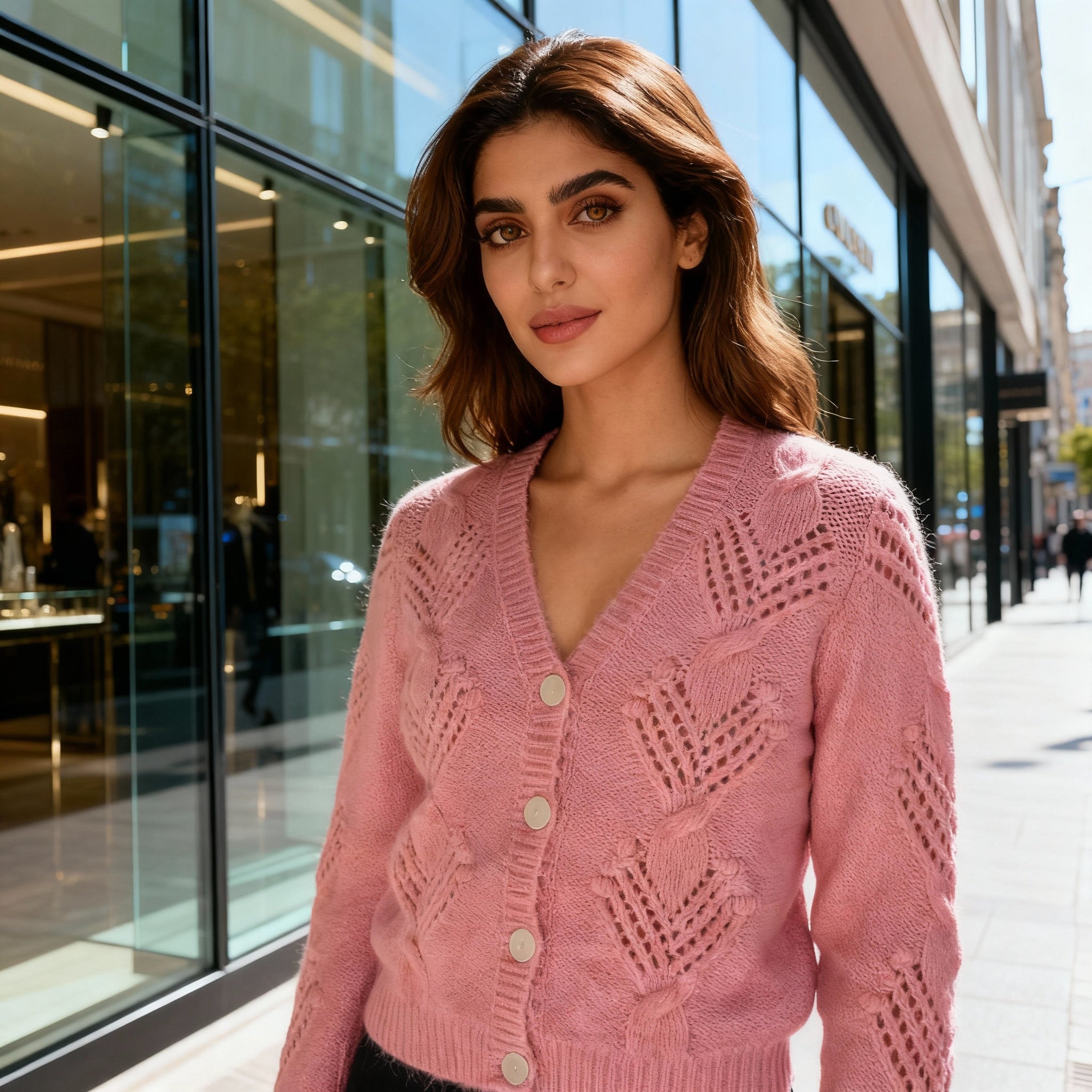 Soft Peach-Rose Knitted Cardigan with Textured Leaf Pattern
