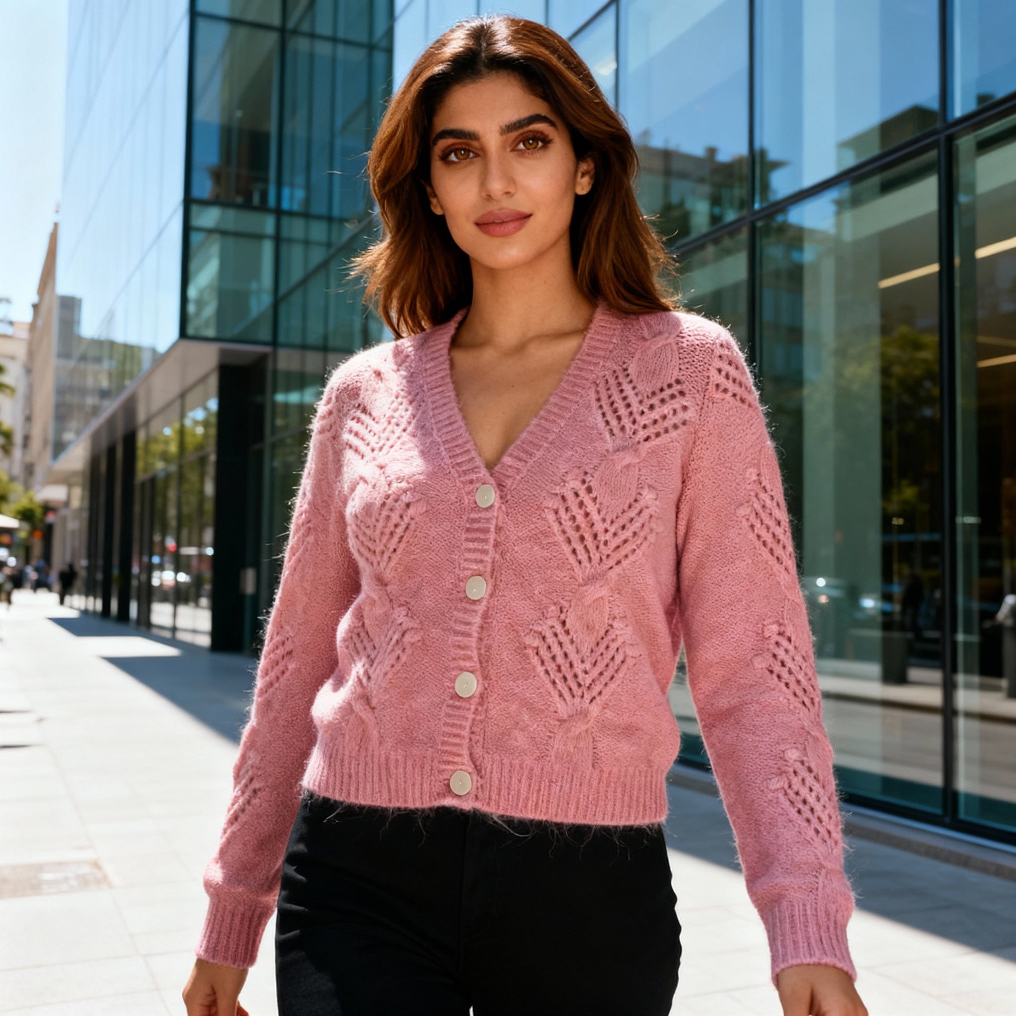 Soft Peach-Rose Knitted Cardigan with Textured Leaf Pattern
