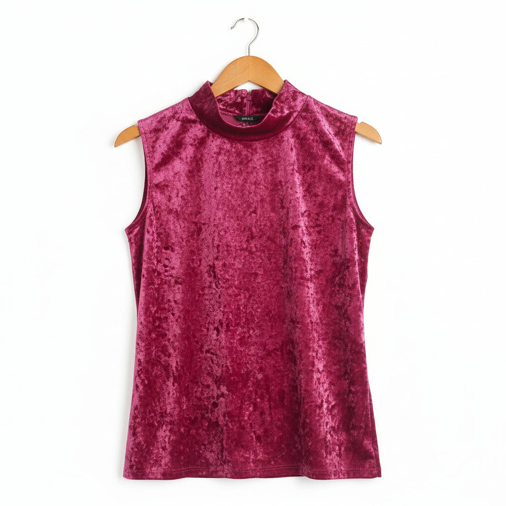 Fuchsia Crushed Velvet High-Neck Sleeveless Top