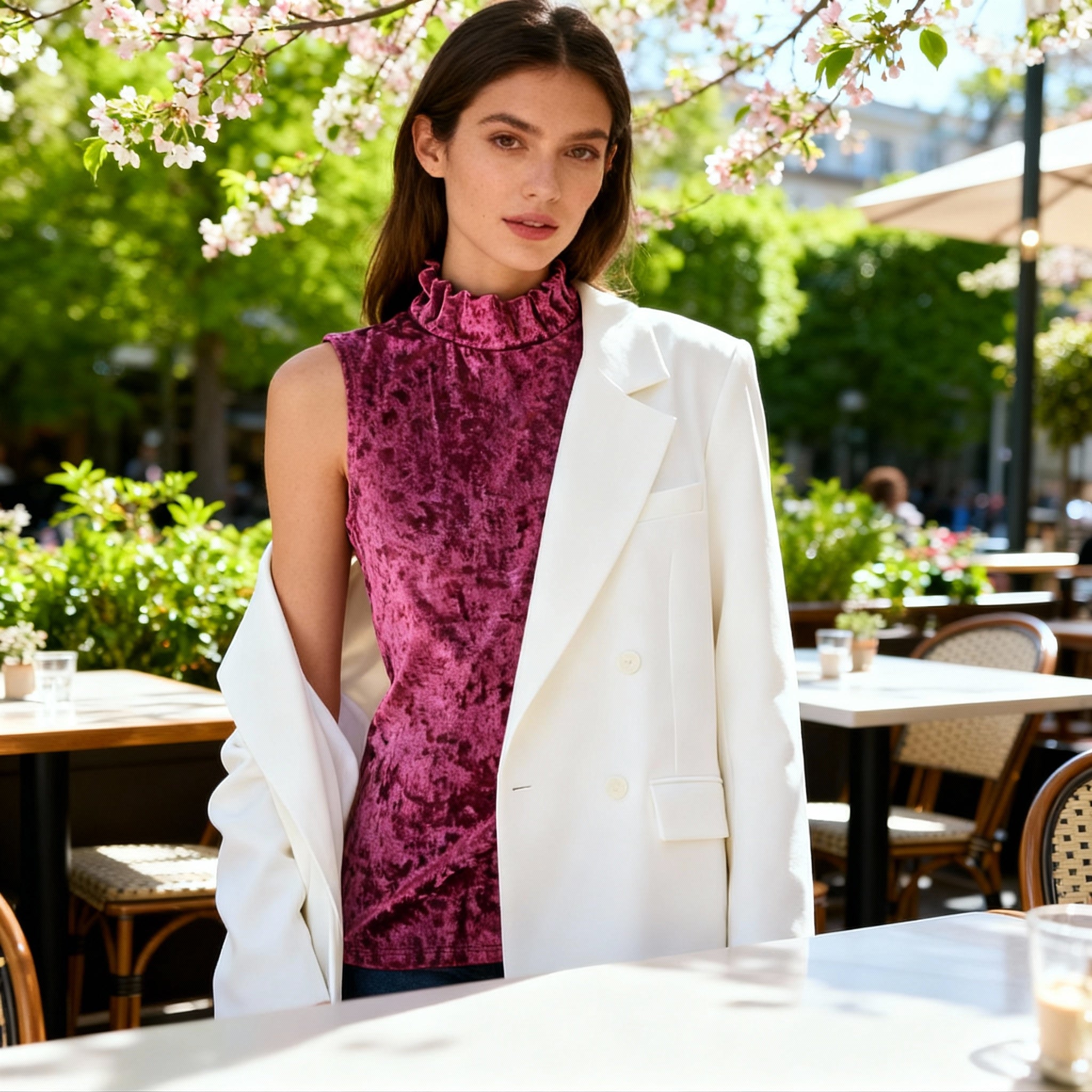 Fuchsia Crushed Velvet High-Neck Sleeveless Top