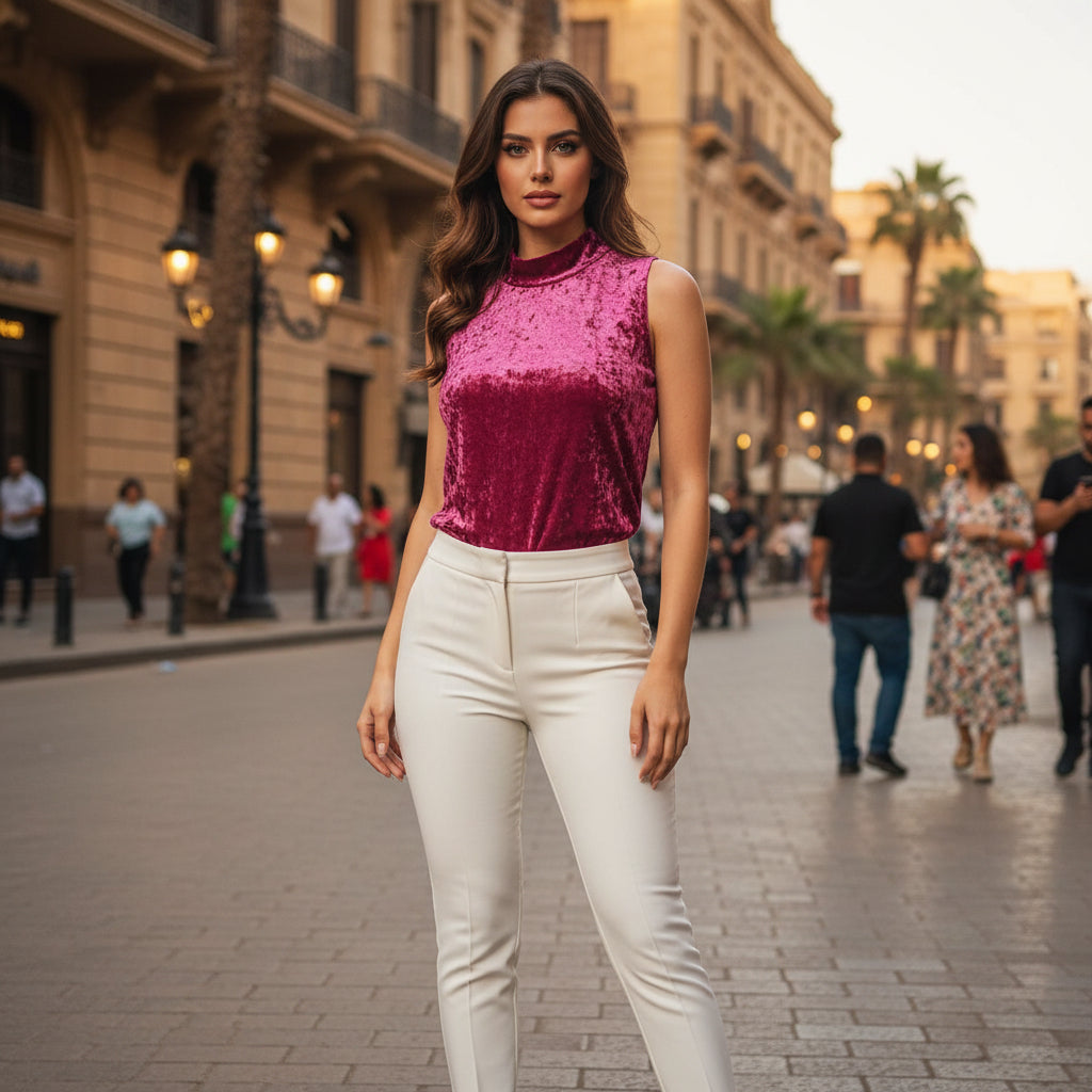 Fuchsia Crushed Velvet High-Neck Sleeveless Top