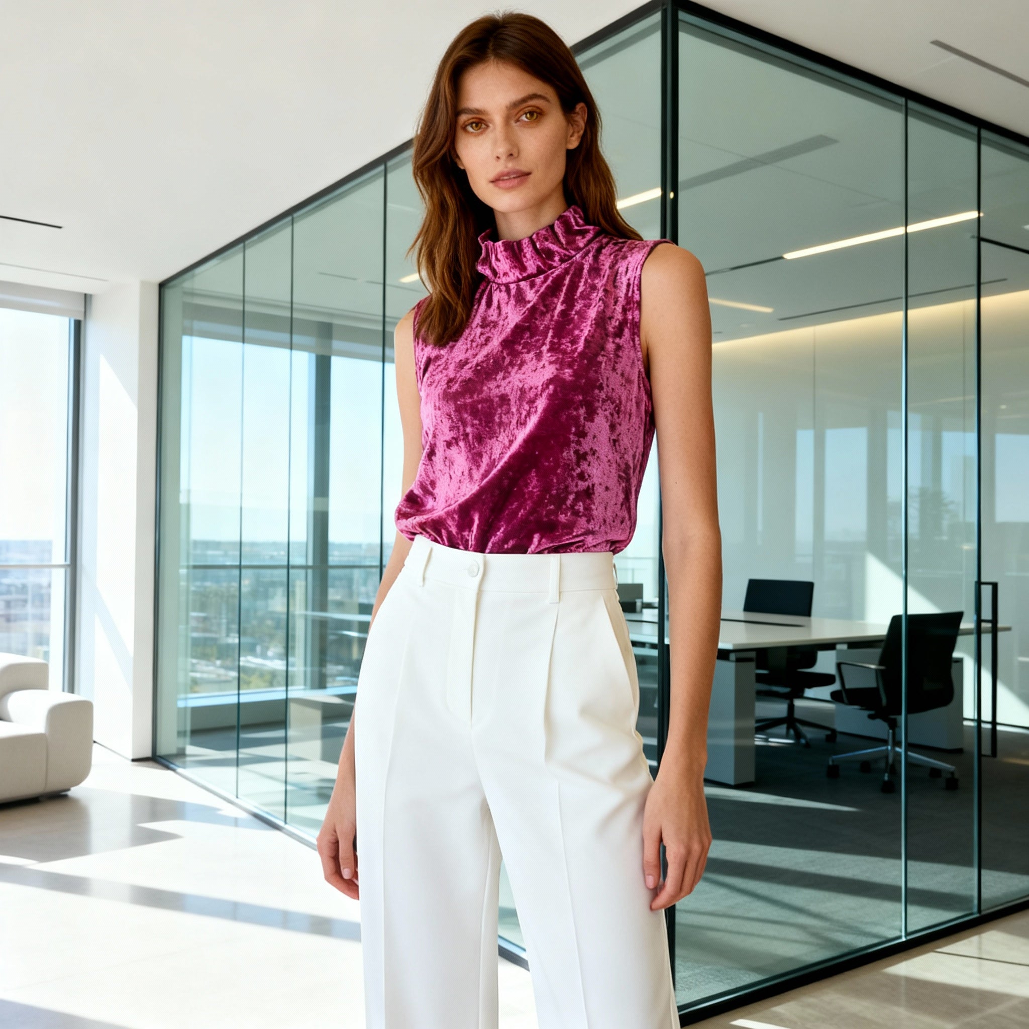 Fuchsia Crushed Velvet High-Neck Sleeveless Top