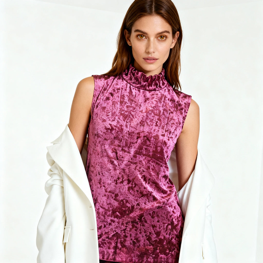 Fuchsia Crushed Velvet High-Neck Sleeveless Top