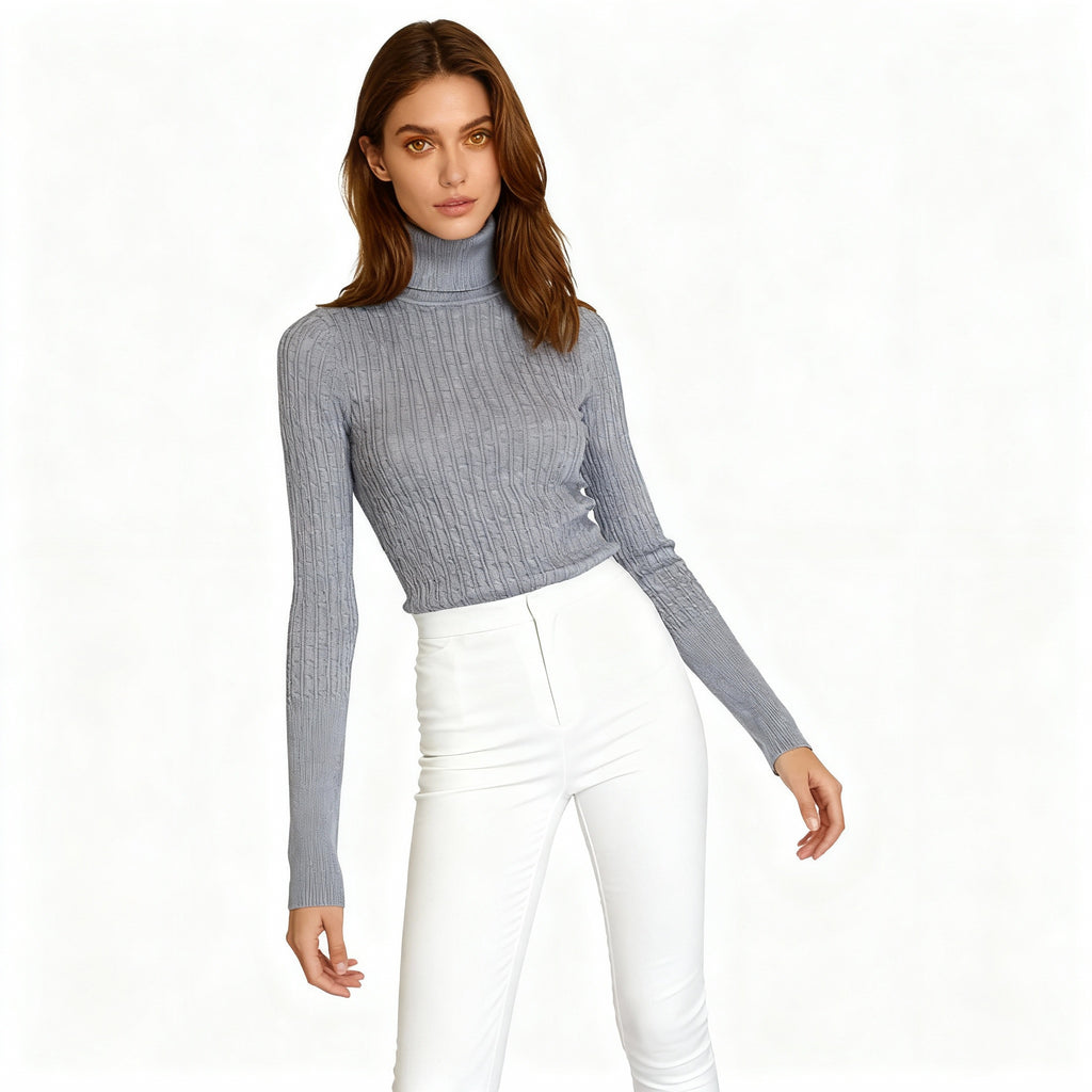 Grey Ribbed Slim-Fit Turtleneck Sweater