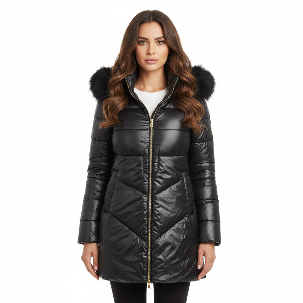 Long Black Puffer Coat with Faux Fur Hood – Winter Shine Edition