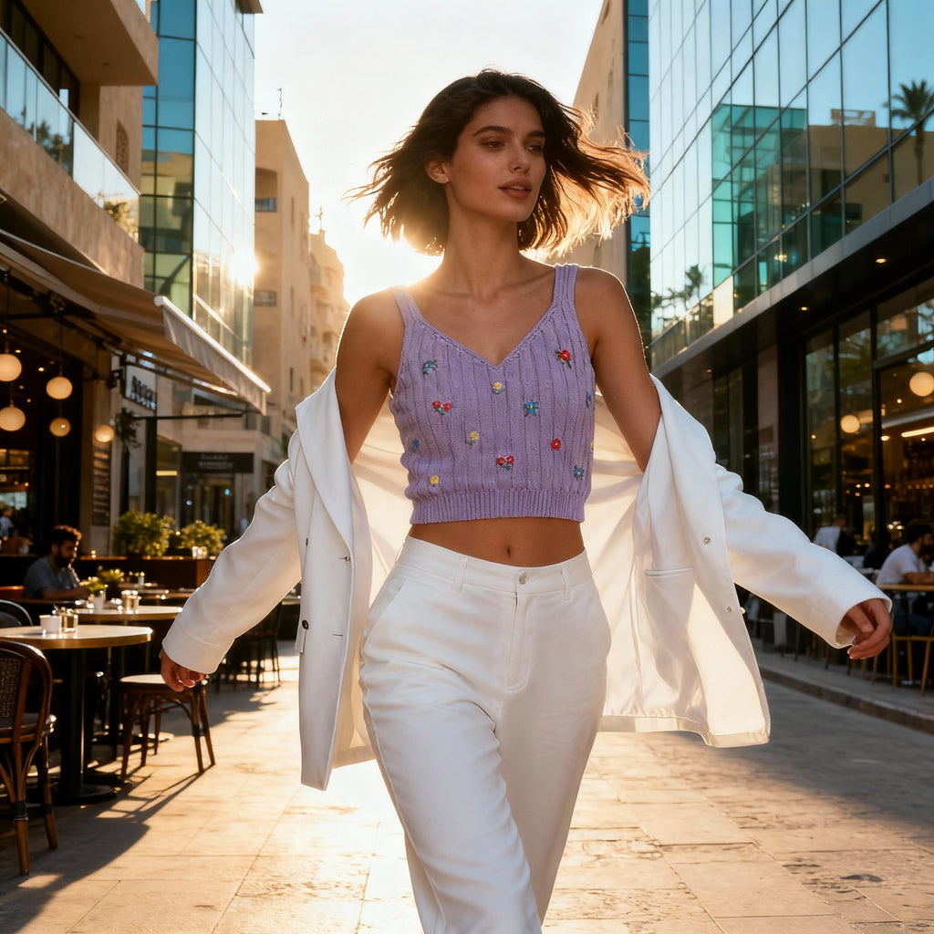 Lilac Embroidered Knit Crop Top – Floral Detail