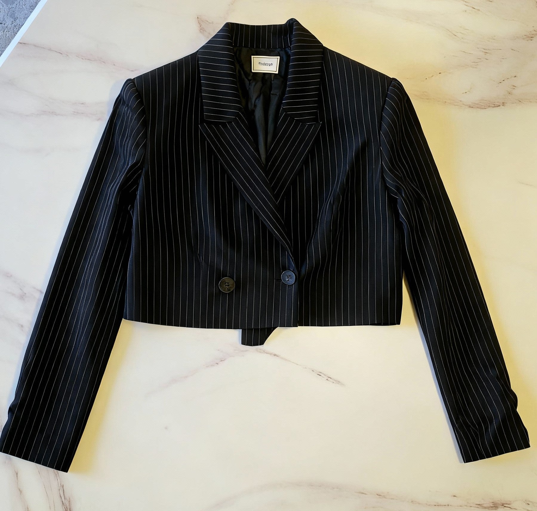 Cropped Black Pinstripe Blazer