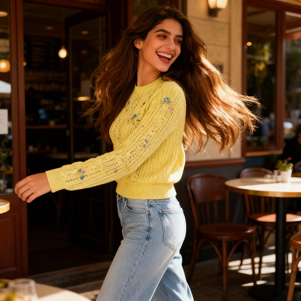 Pastel Yellow Floral Embroidered Knit Sweater – Soft Lightweight Crochet Pullover