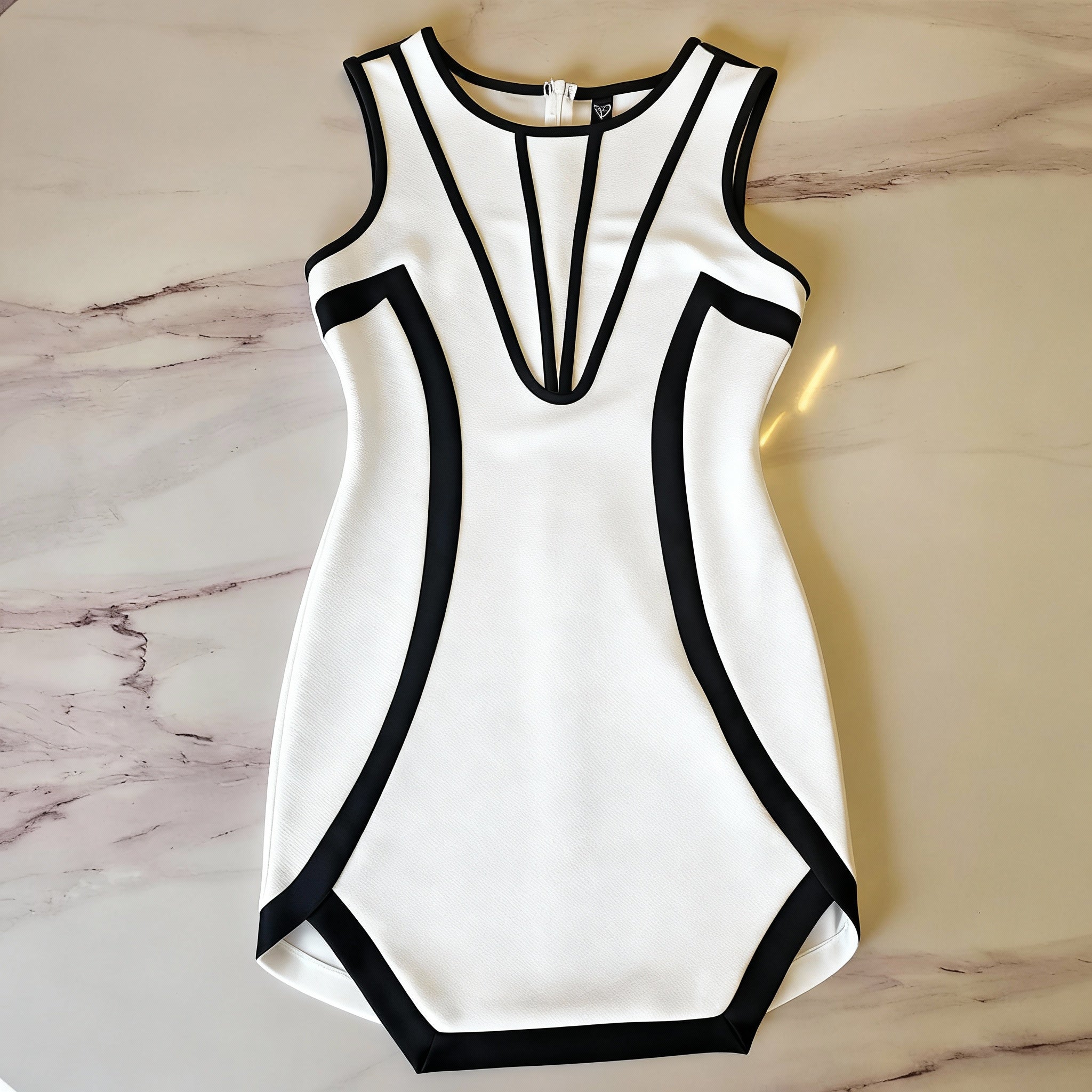 Elegant White Bodycon Dress with Black Contour Lines