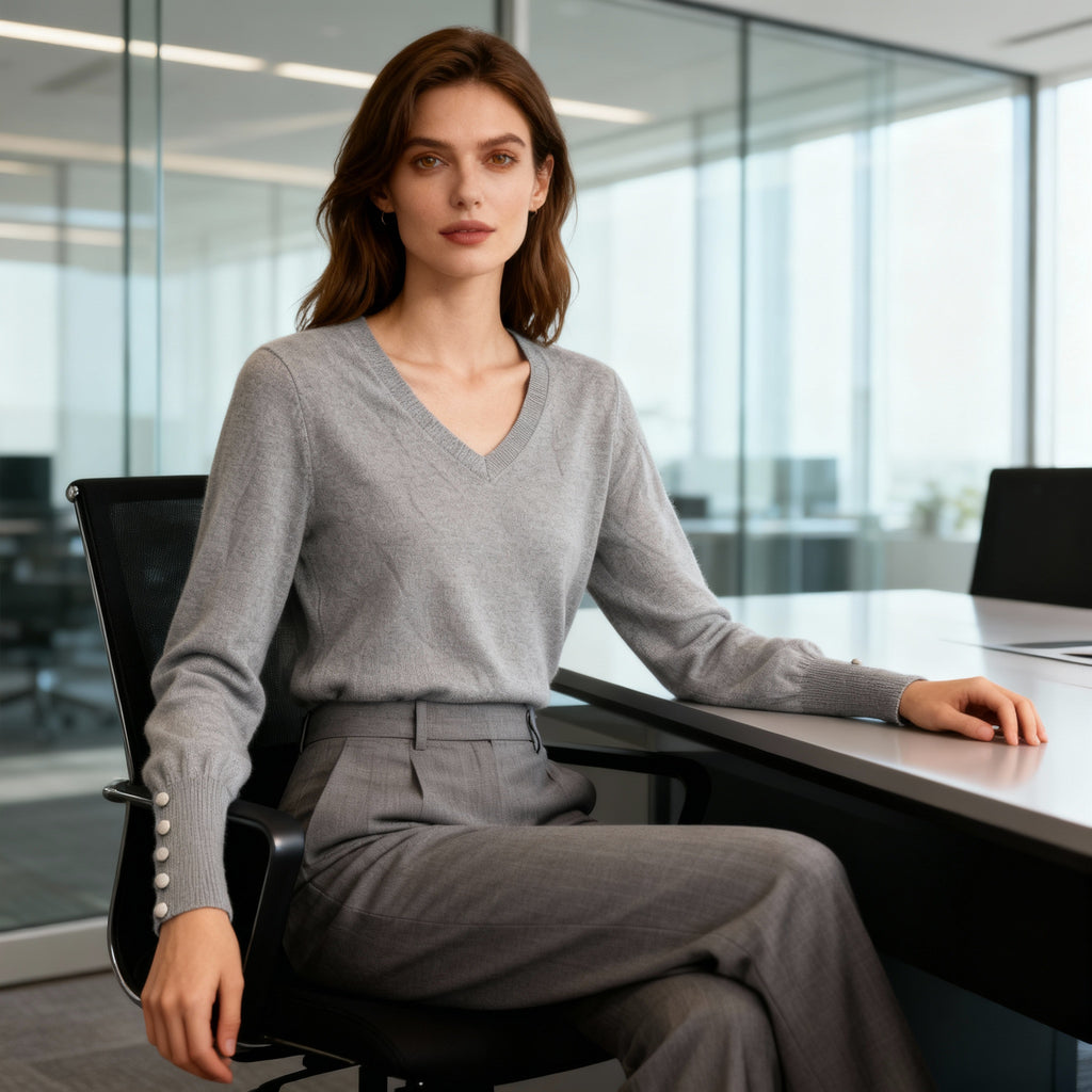 Elegant Grey V-Neck Knit Sweater with Buttoned Sleeves