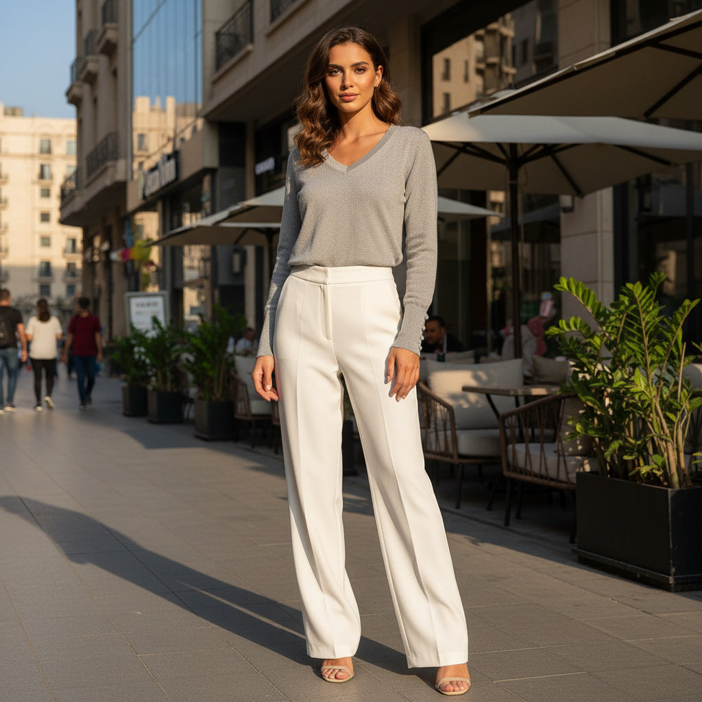 Elegant Grey V-Neck Knit Sweater with Buttoned Sleeves