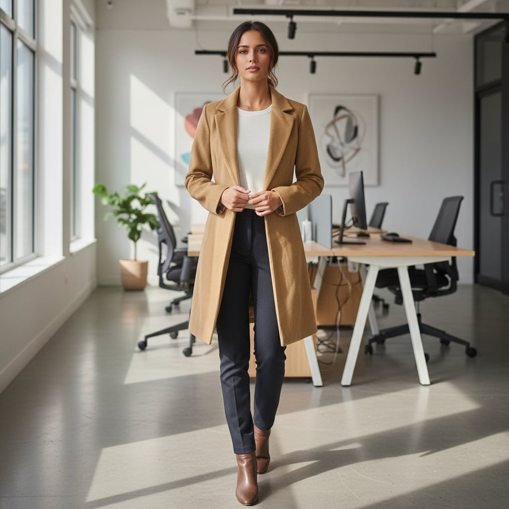 Camel Tailored Long Coat with Classic Lapel Collar