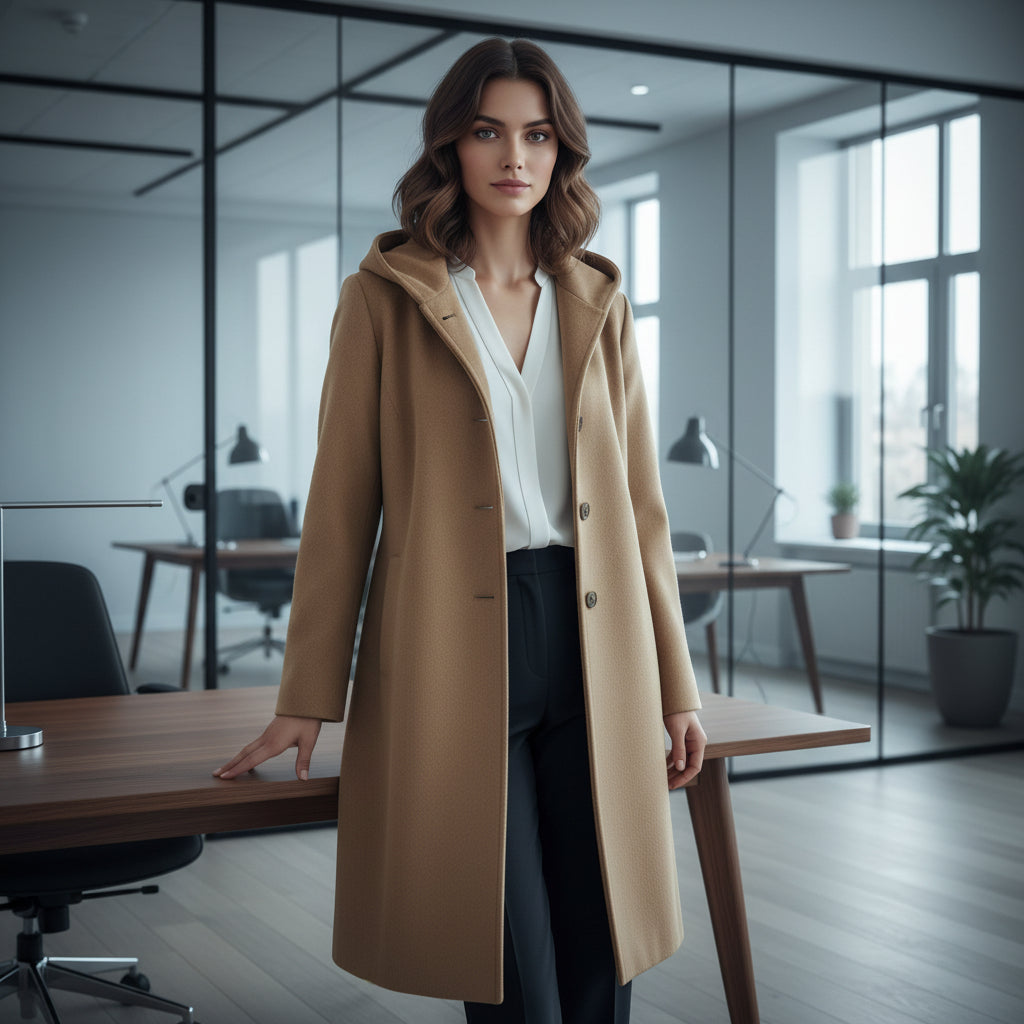Elegant Camel Hooded Belted Coat for Women