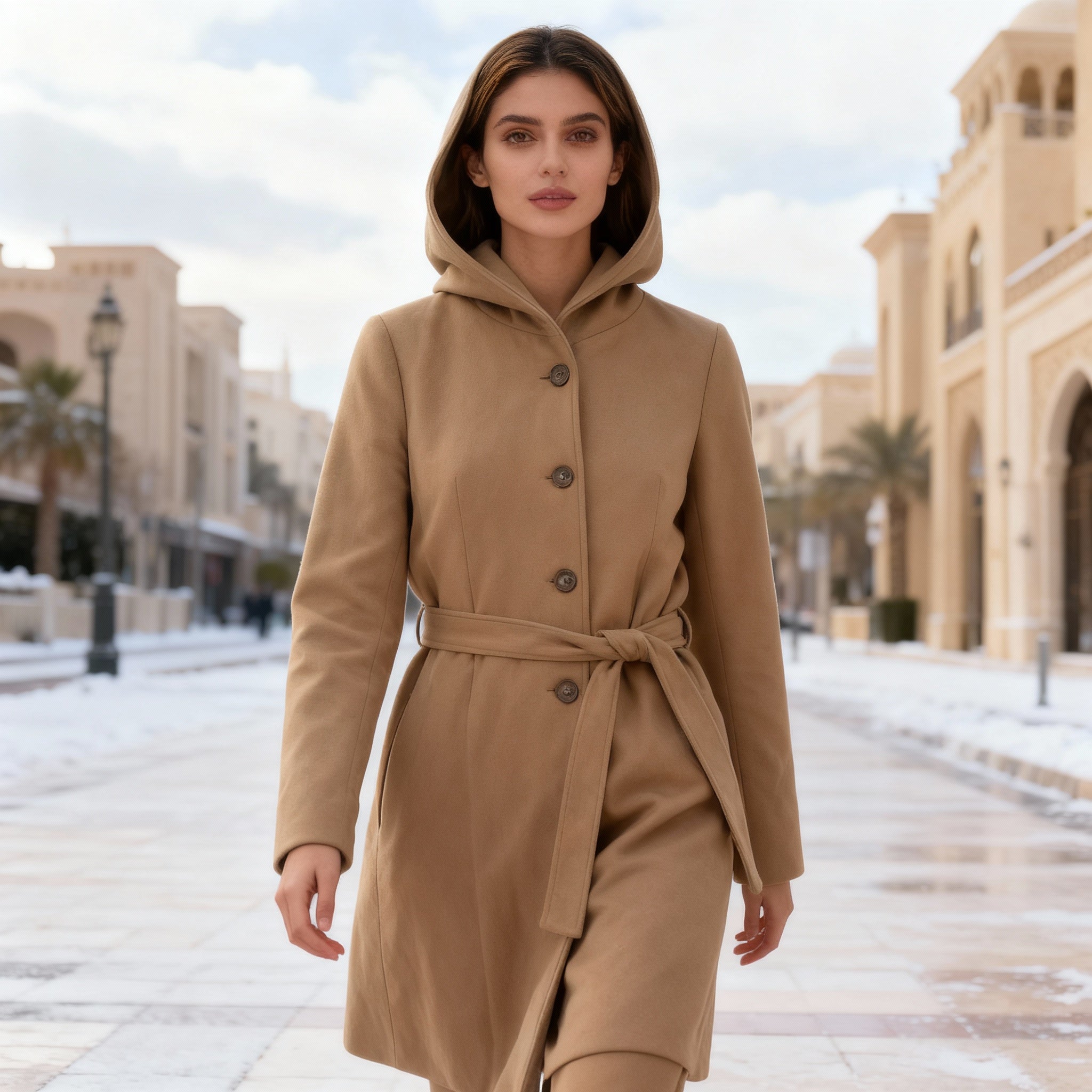 Elegant Camel Hooded Belted Coat for Women