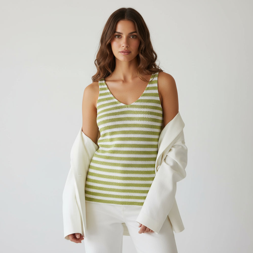 Green & White Striped Knit Tank Top – V-Neck