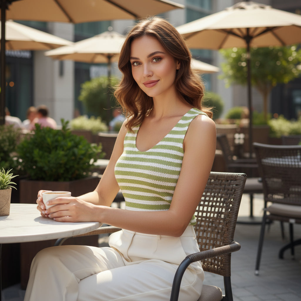 Green & White Striped Knit Tank Top – V-Neck
