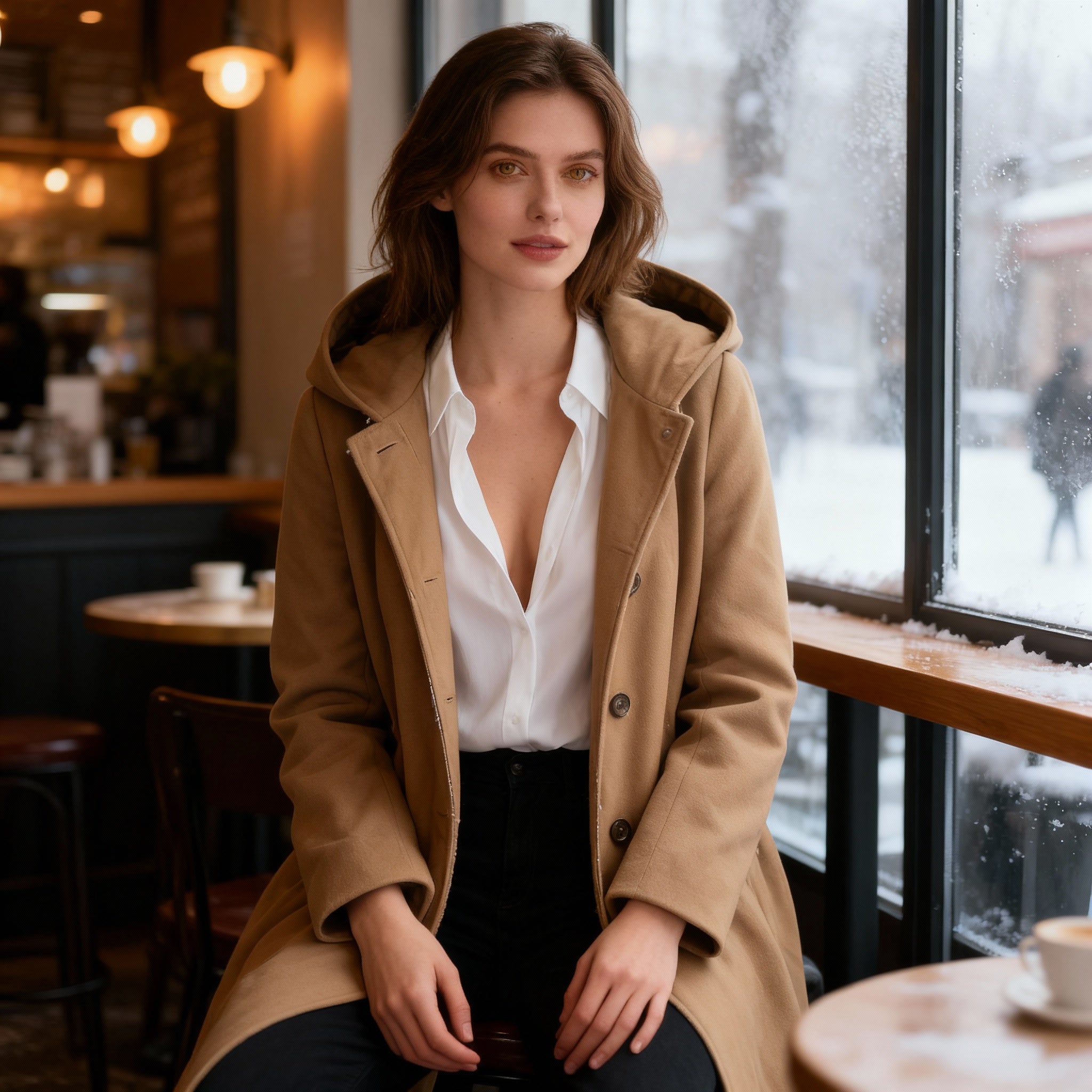 Elegant Camel Hooded Belted Coat for Women