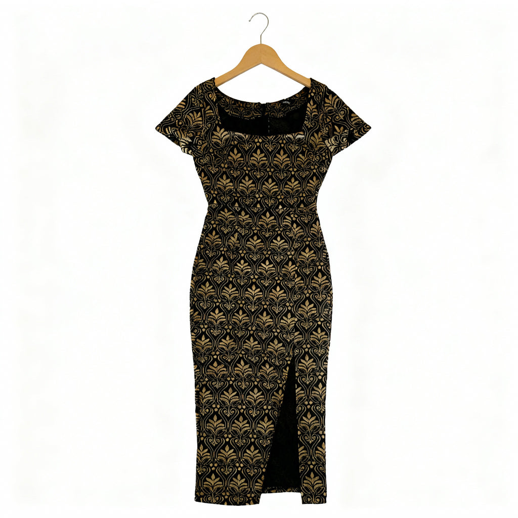 Elegant Gold-Baroque Bodycon Midi Dress