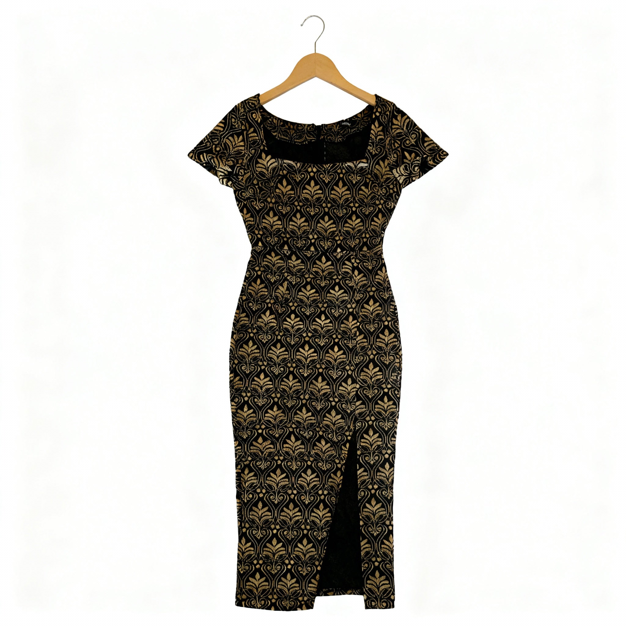 Elegant Gold-Baroque Bodycon Midi Dress