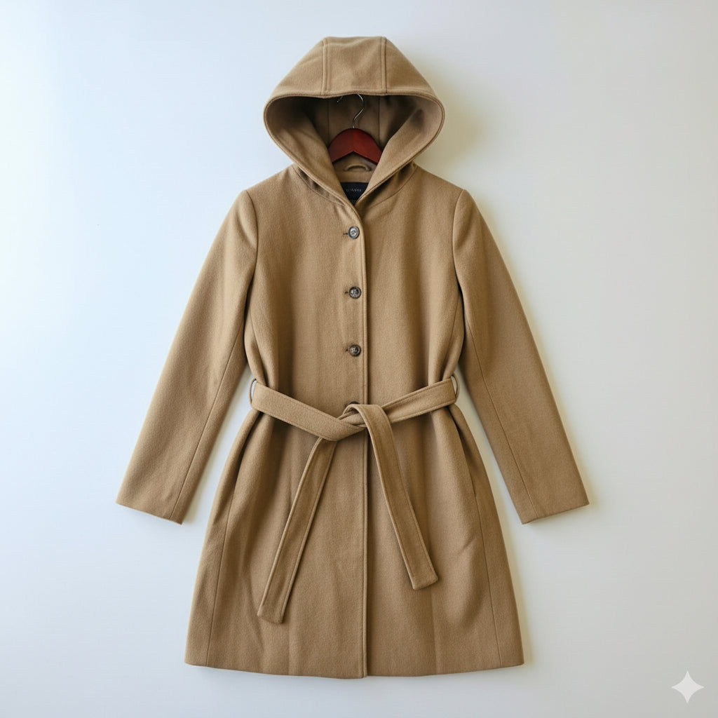Elegant Camel Hooded Belted Coat for Women