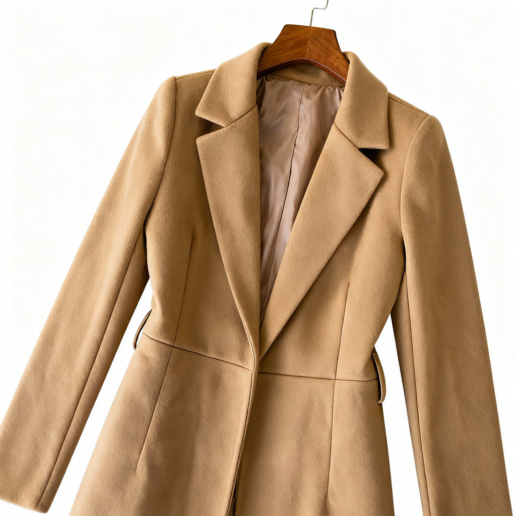 Camel Tailored Long Coat with Classic Lapel Collar