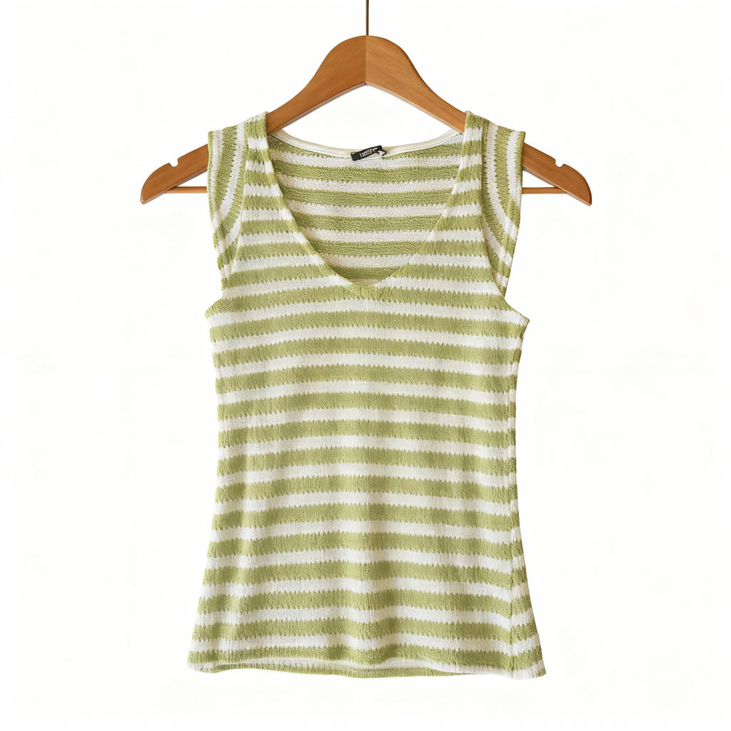 Green & White Striped Knit Tank Top – V-Neck