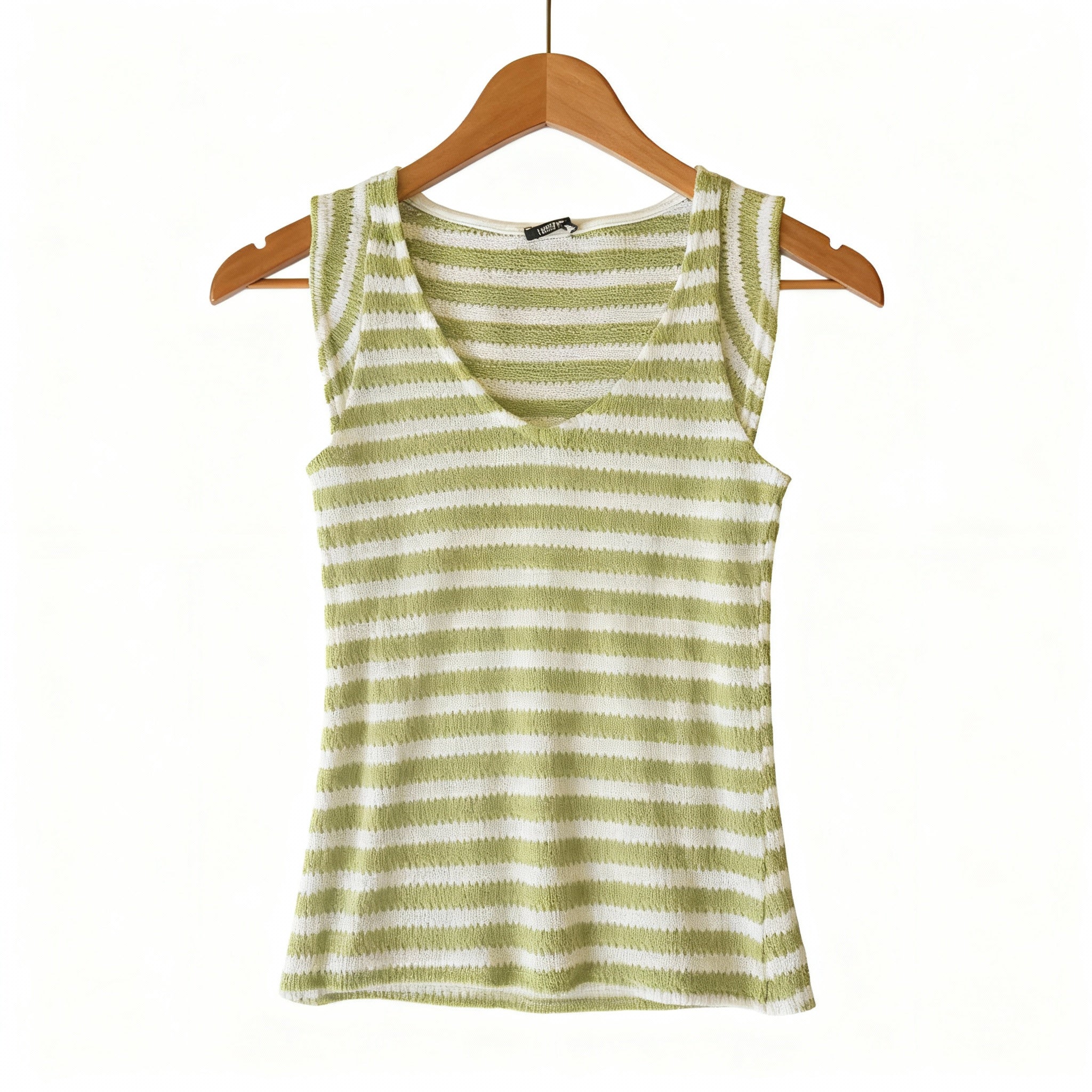 Green & White Striped Knit Tank Top – V-Neck
