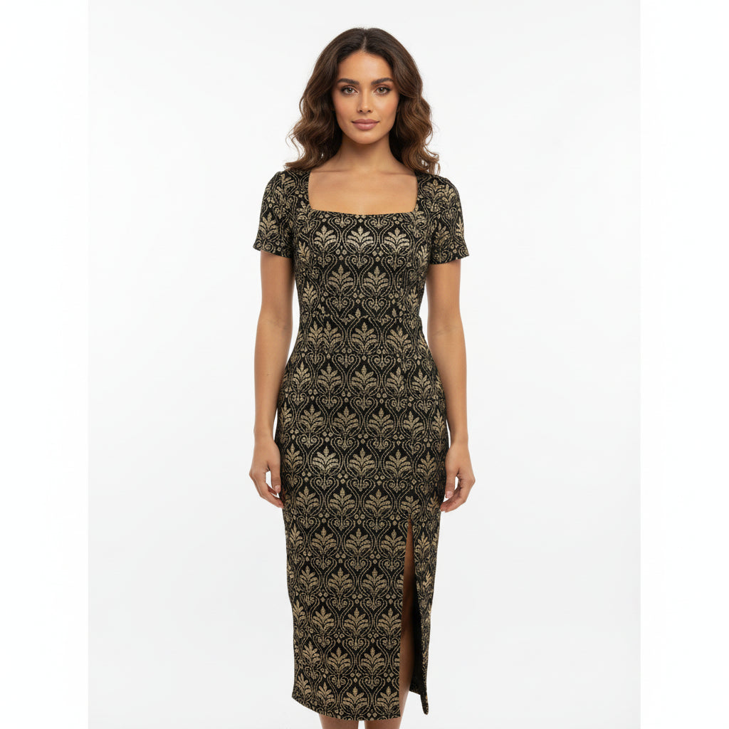 Elegant Gold-Baroque Bodycon Midi Dress