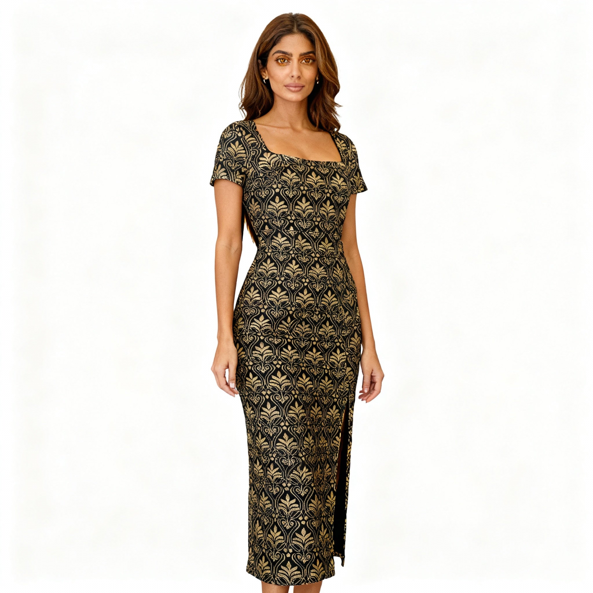 Elegant Gold-Baroque Bodycon Midi Dress