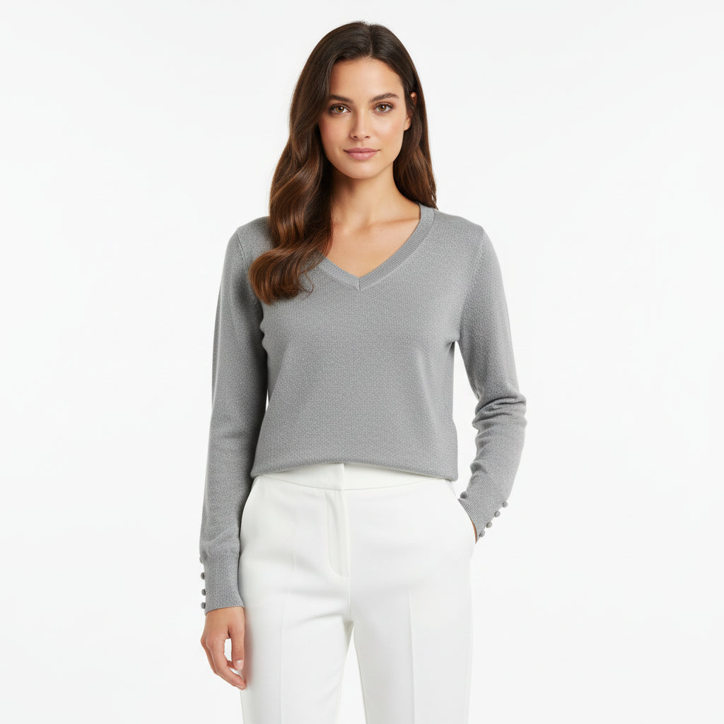 Elegant Grey V-Neck Knit Sweater with Buttoned Sleeves