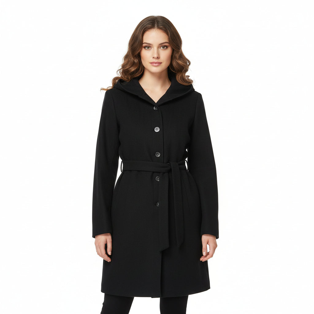 Black Winter Coat with Faux Fur Collar and Gold Button Detailing