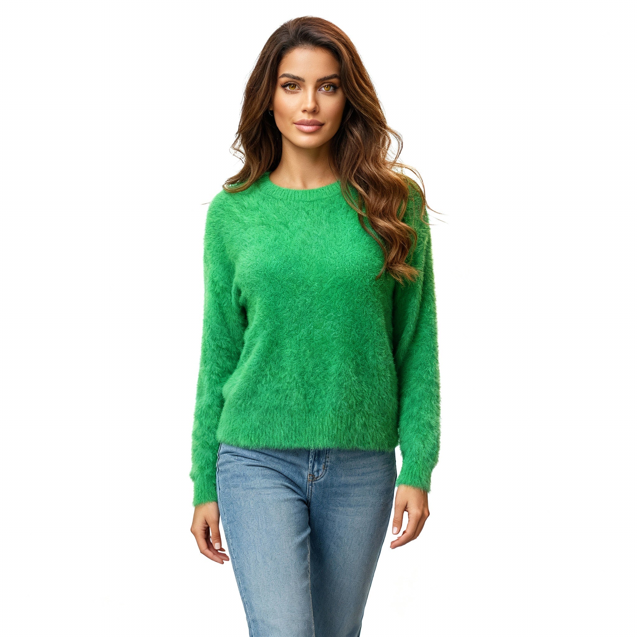 Soft Fluffy Green Knit Sweater – Cozy Long-Sleeve Fuzzy Pullover